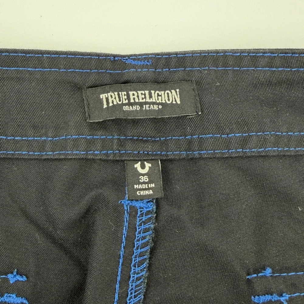 True Religion Mens Cargo Pants 36x32 Black Pacific Blue Contrast Stitch 108335